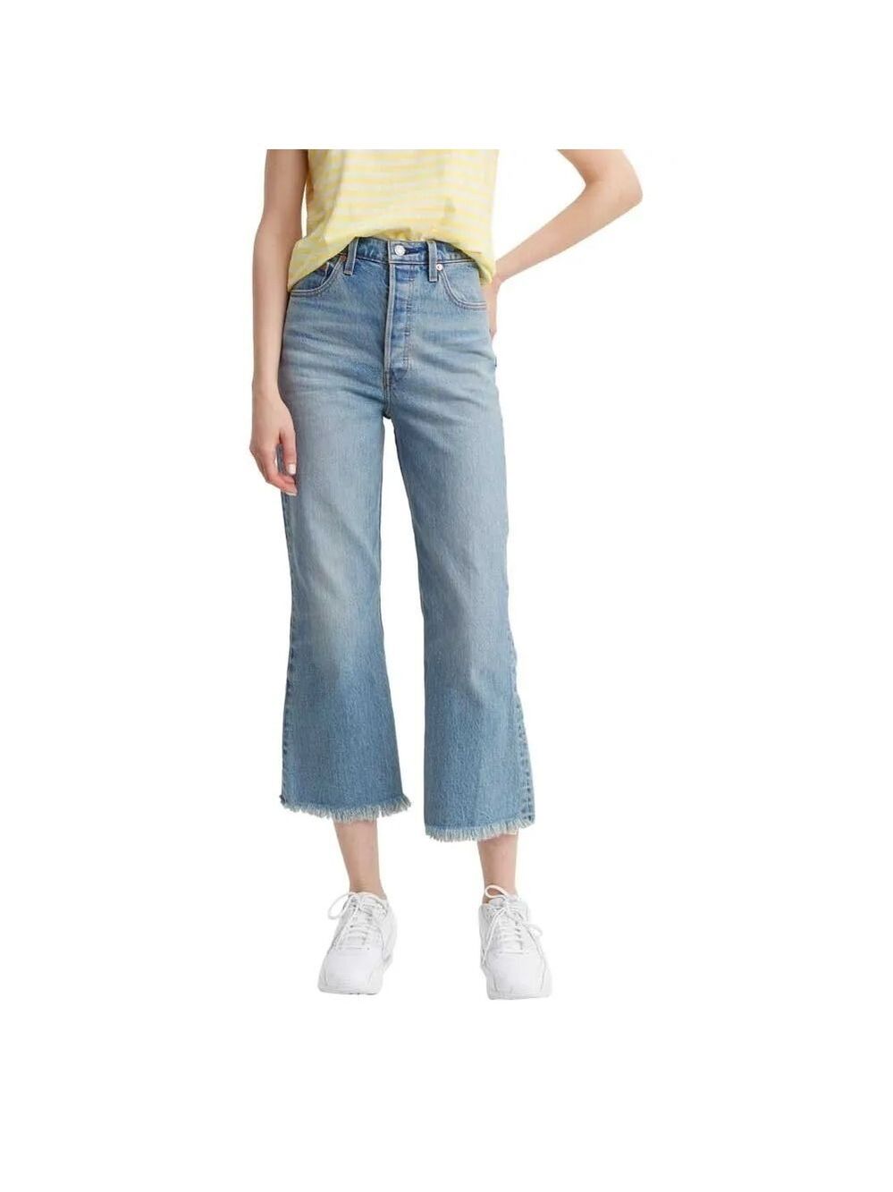 Levis Ribcage Crop Flare Raw Hem Jeans in Blue Sz 27